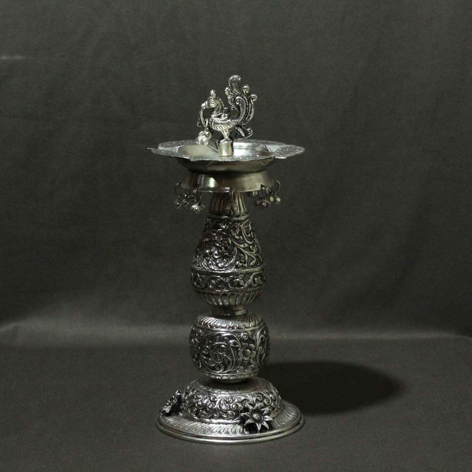 Ornate Brass Peacock Samai Diya – 12 Inch Traditional Oil Lamp